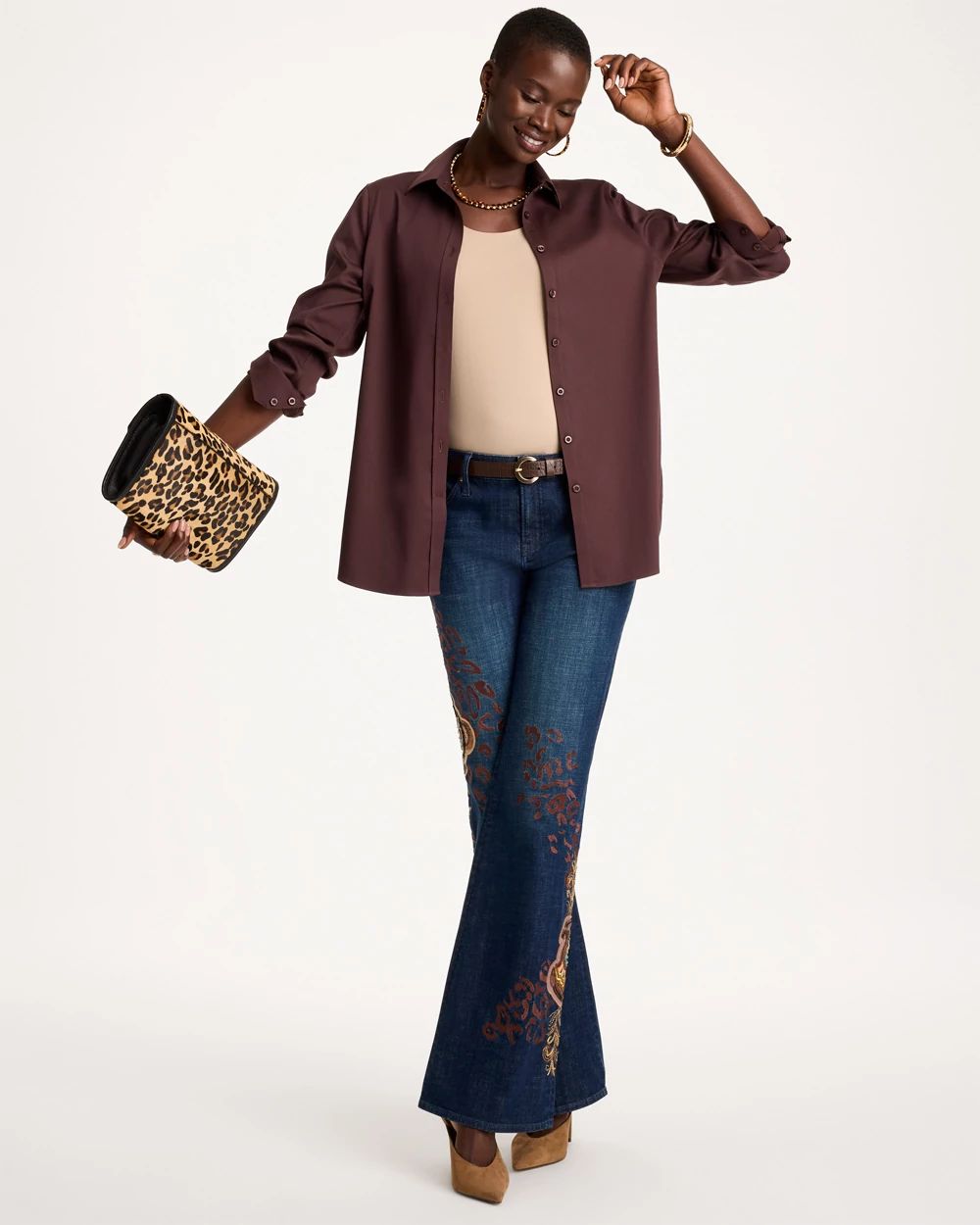 Petite Embellished Girlfriend Flare Jeans