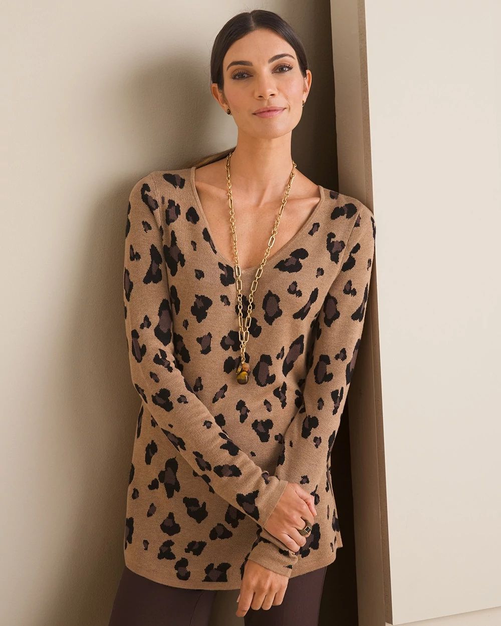 Leopard-Print V-Neck Sweater