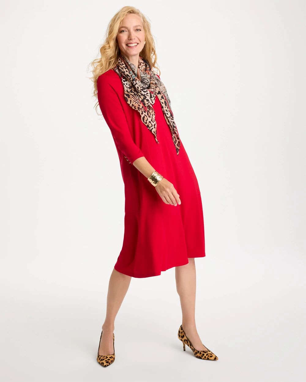 Seamed Ponte Knit 3/4 Sleeve Dress click to view larger image.