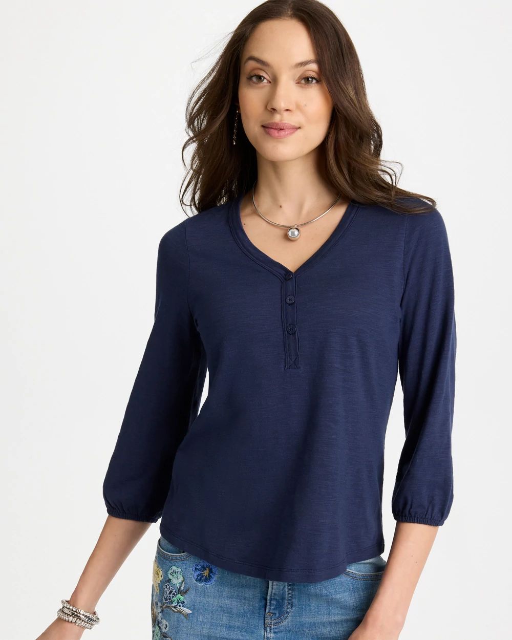 Puff Sleeve Cotton Slub Henley Shirt