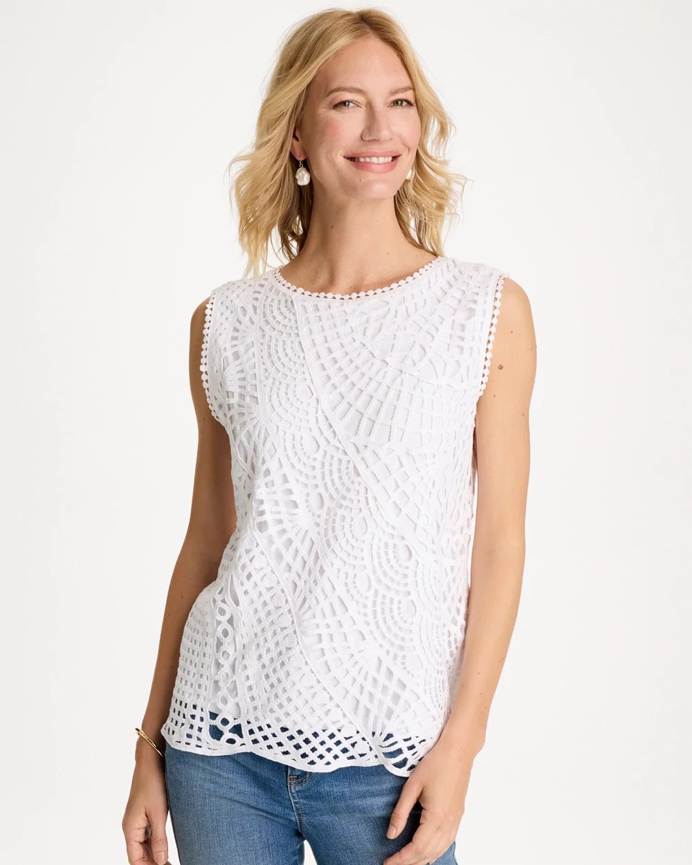 Chico's Cotton Crochet Sleeveless Tank In White In Alabaster