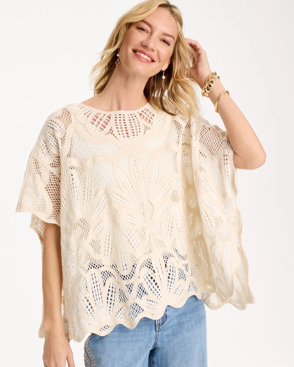 Woven Cotton-Blend Crochet Lace Poncho