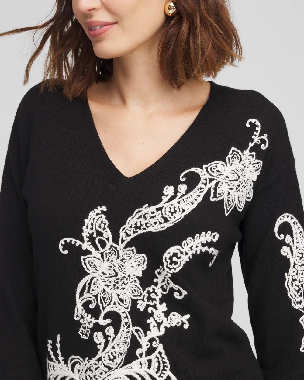 ECOVERO™ Embroidered V-Neck Pullover Sweater