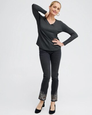 Button Cuff V-neck Pullover Sweater