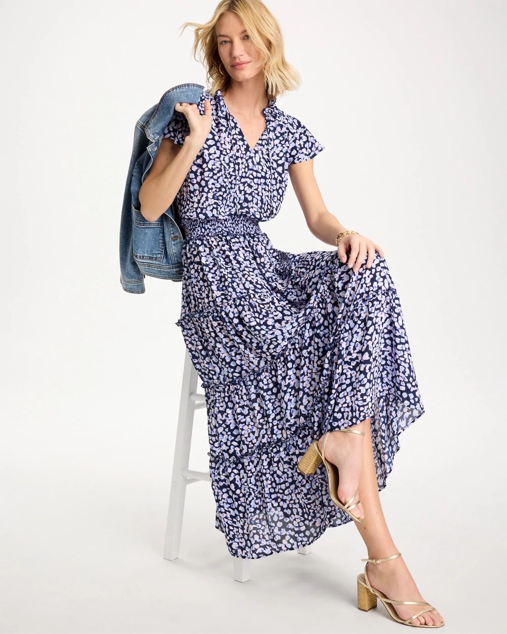 Petite Crepe Smocked Flutter-Sleeve Dress