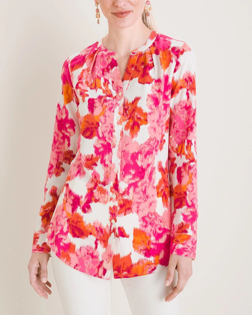Floral Pleat-Neck Blouse