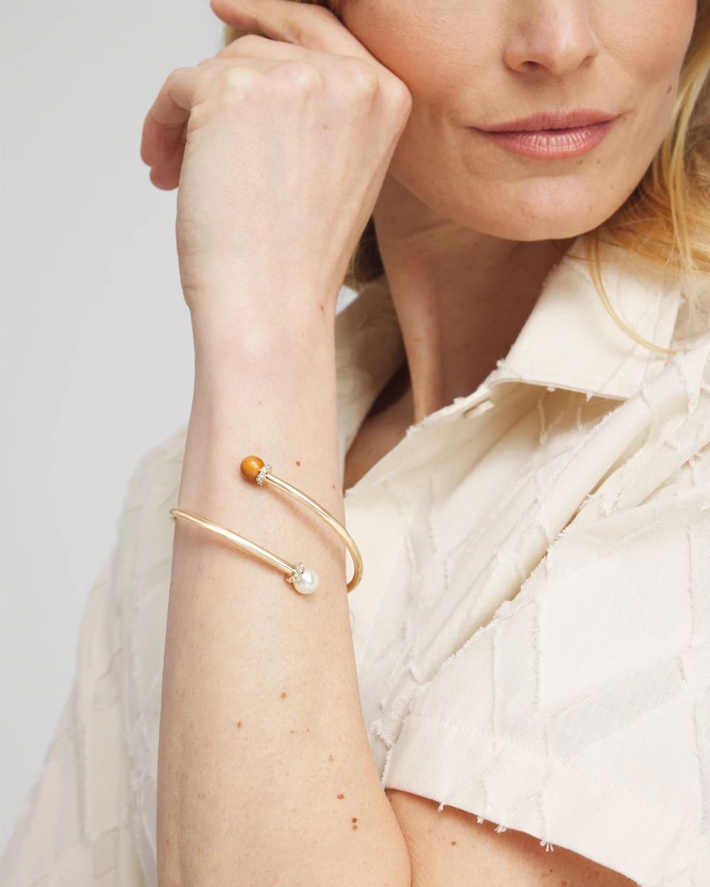 Wood & Faux Pearl Flex Cuff Bracelet