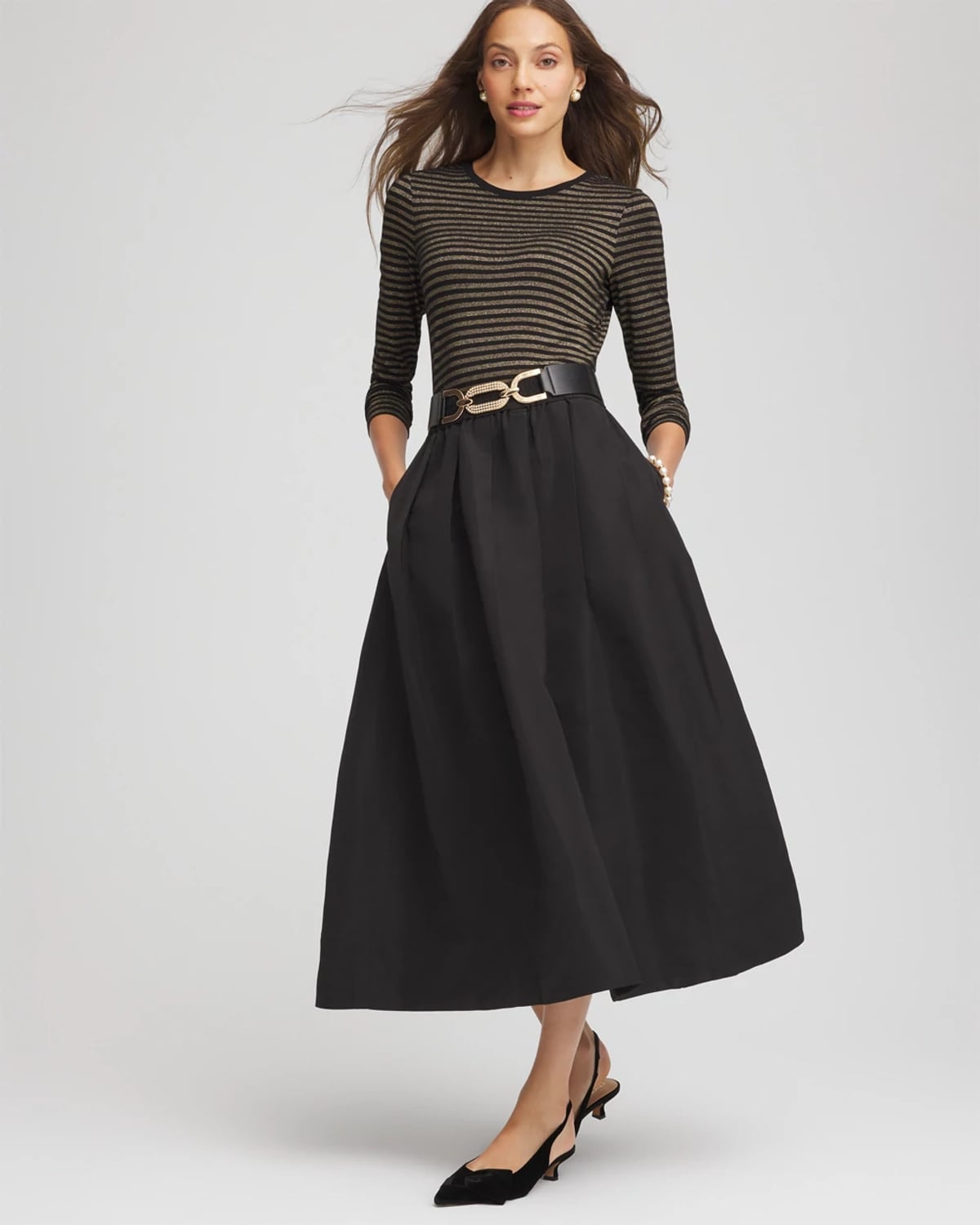 Chico's Pleated Taffeta Maxi Skirt In Black In Black