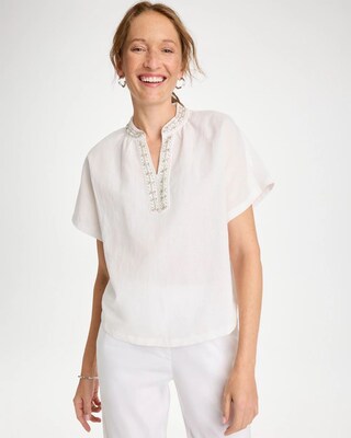 Linen Embellished Popover Top