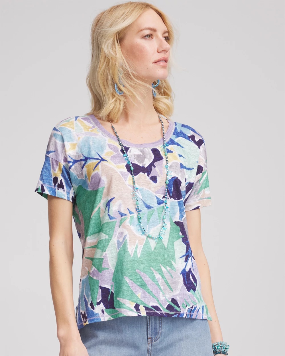 Tropical Nights Sweater-Trim Linen Tee, photo 1 of 5
