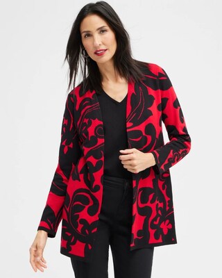 Red Scroll Print Cardigan Sweater