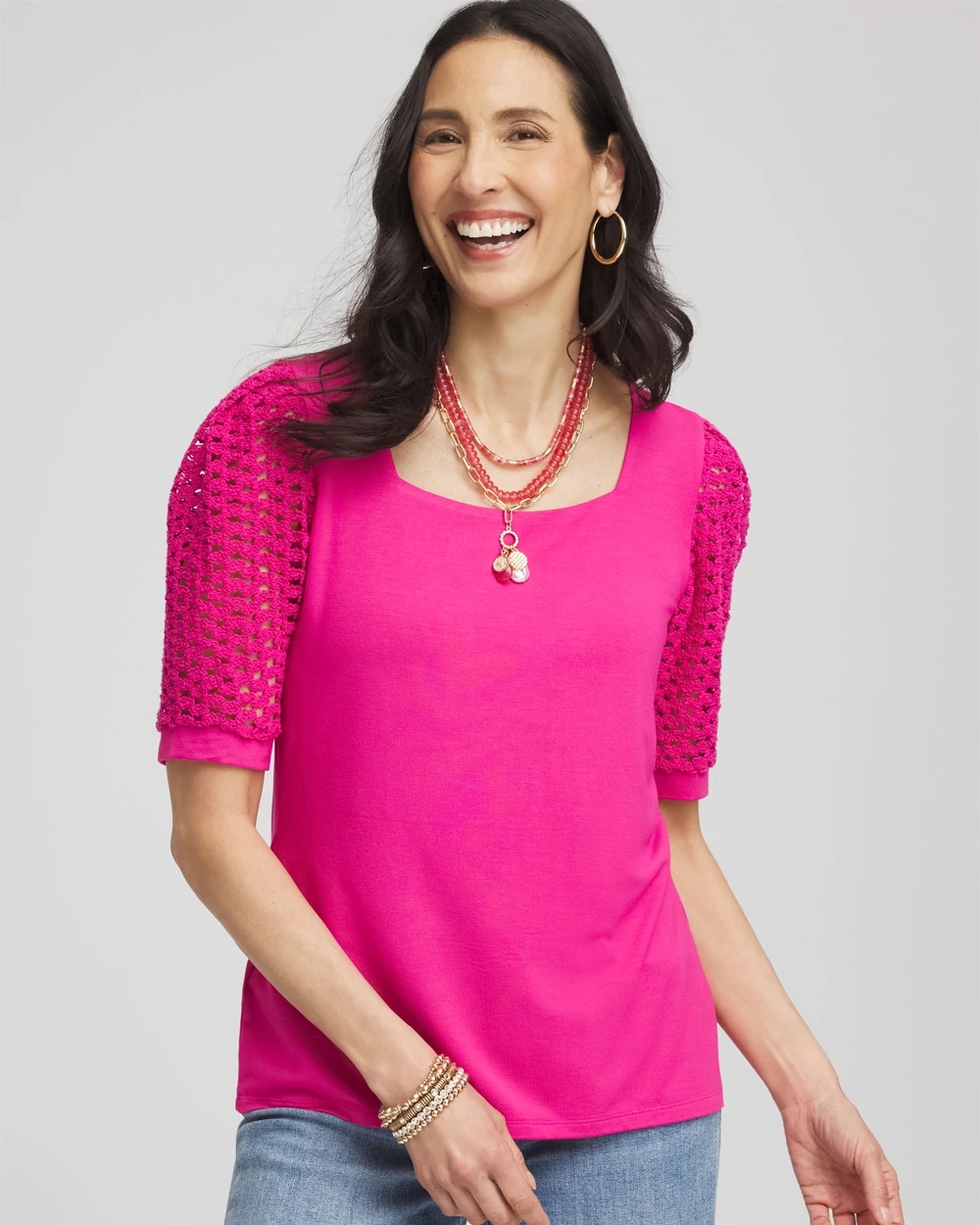Touch of Cool™ Crochet Lace Square-Neck Tee, photo 1 of 5