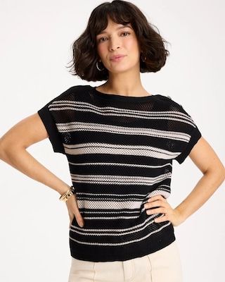 Striped Mesh Stitch Pullover Sweater