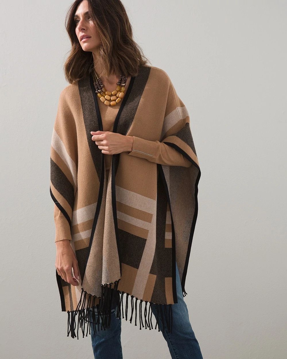 Jacquard Plaid Fringed Ruana Wrap