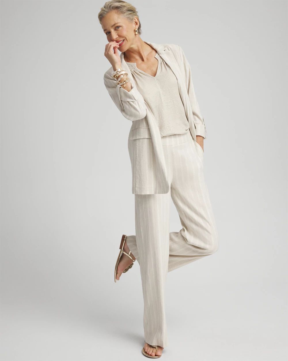 Linen Blend Stripe Flare Leg Pants