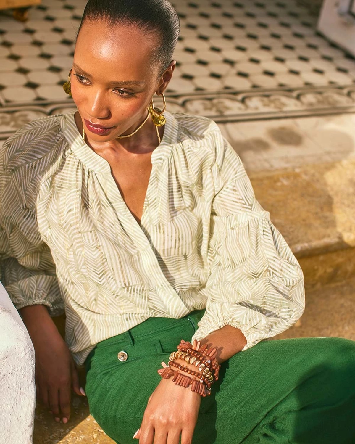 Chico's Lurex Stripe Cotton Blouse In Salted Lime In Green