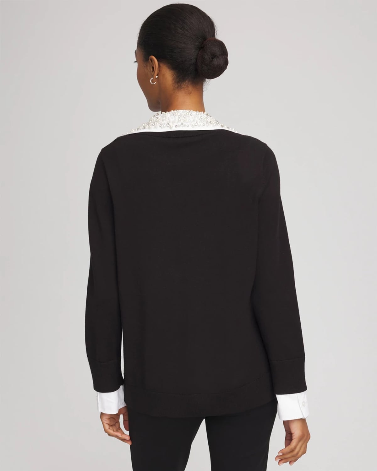 Chico's Embellished Layered Collar Shirt Sweater In Black In Black