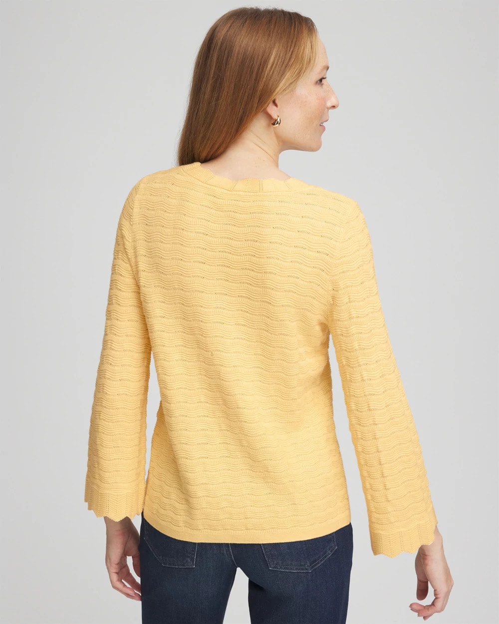 Pointelle Scalloped Hem Flare Sleeve Pullover