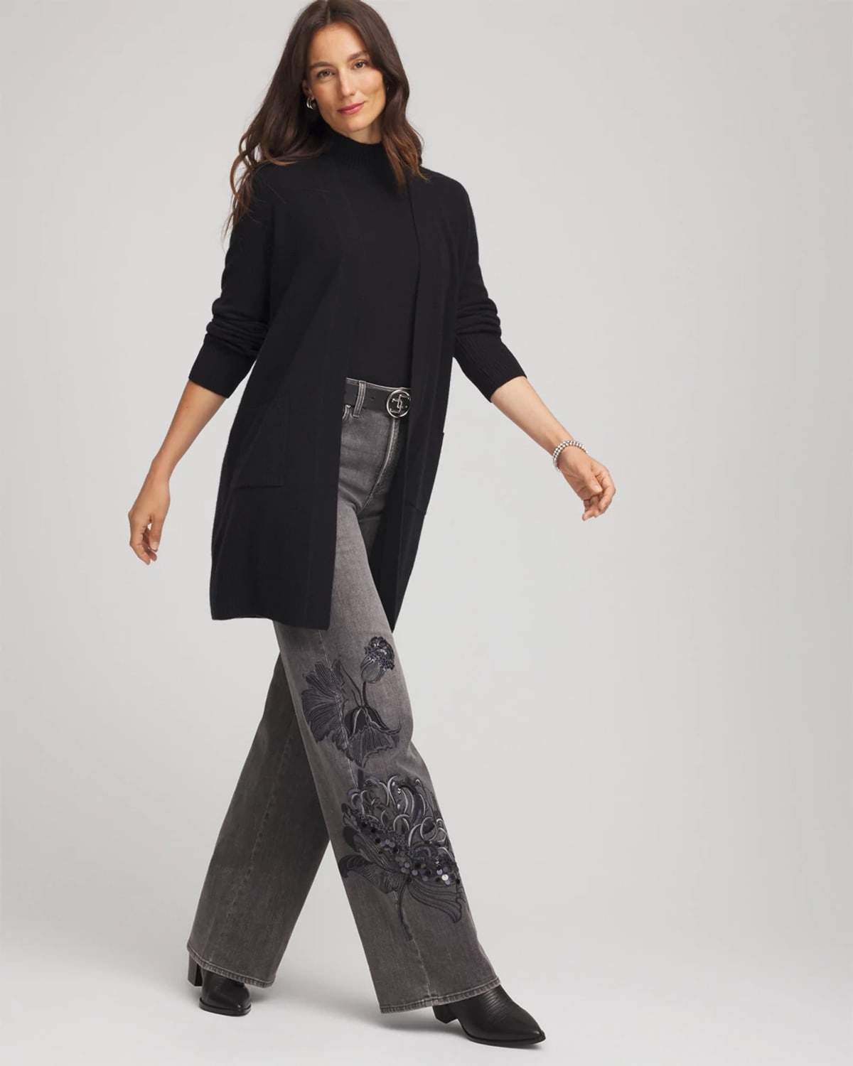 Chico's Cashmere Duster Cardigan Sweater In Black In Black