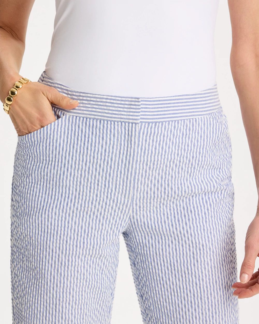 Striped Seersucker Straight Ankle Pants
