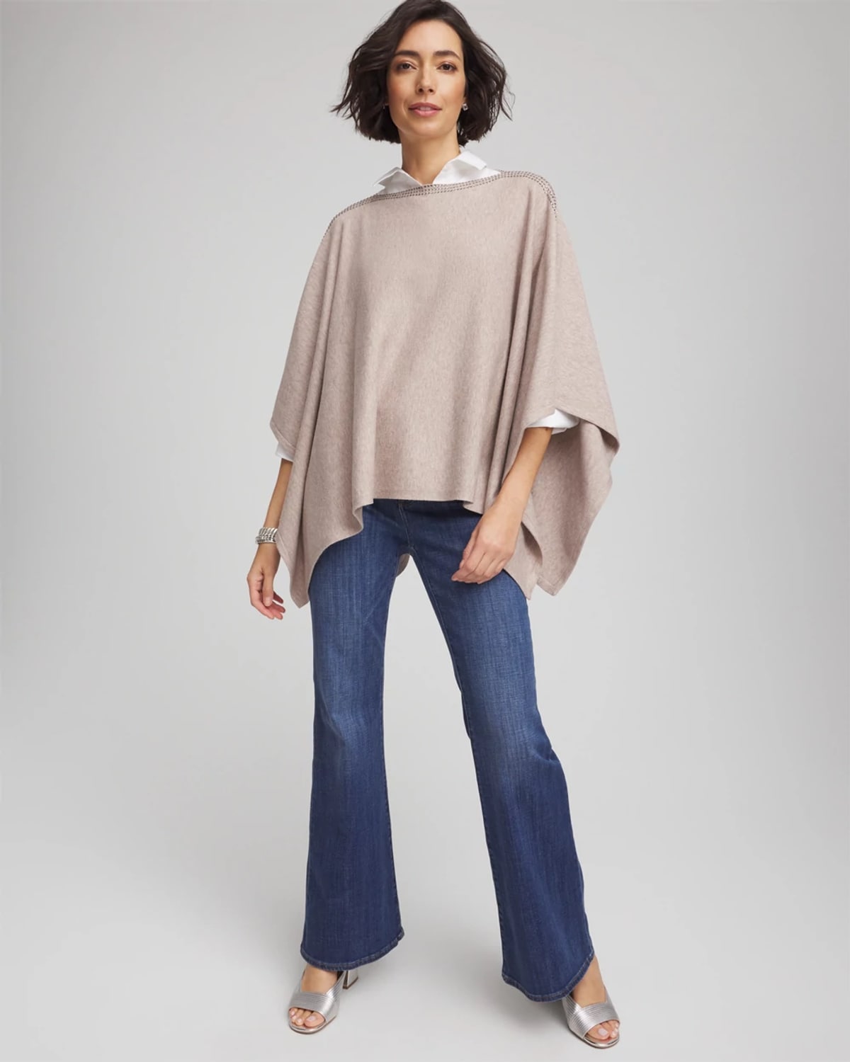 Chico's Rhinestone Embellished Poncho In Light Taupe Heather In Neutral