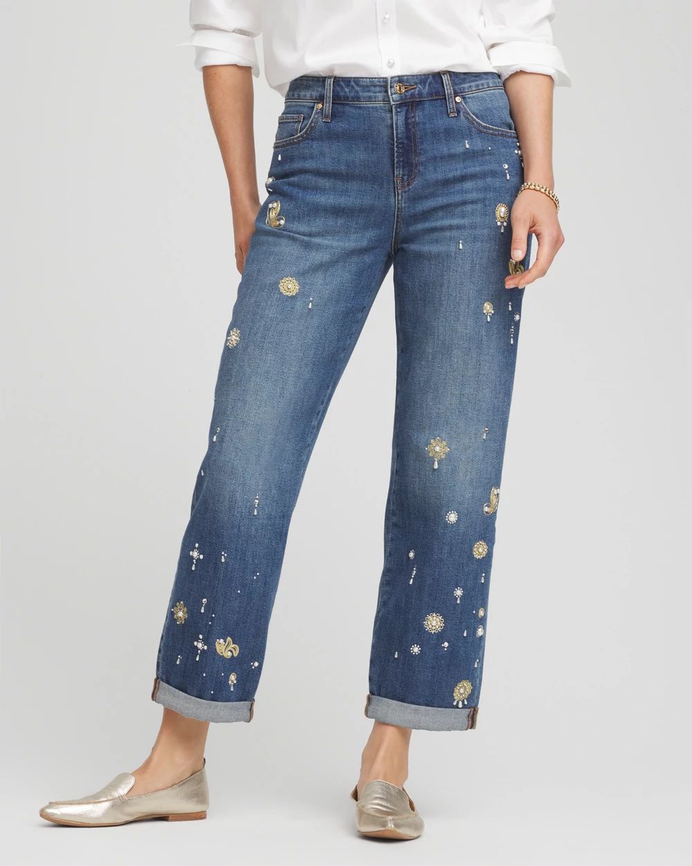 Pearl Brooch Boyfriend Relaxed Cropped Jeans