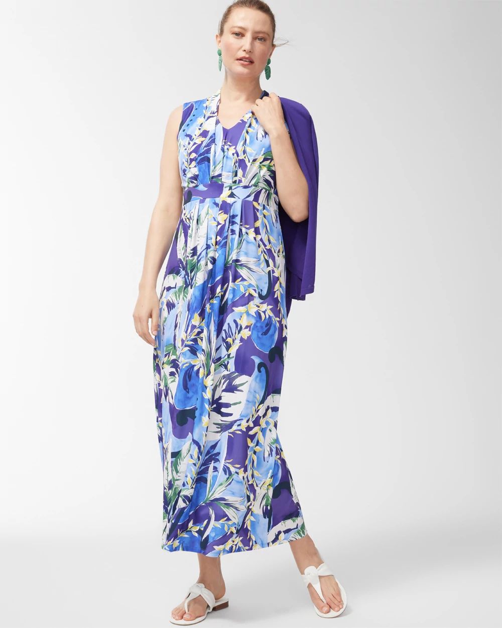 Tropical Print Pleat Front Maxi Dress