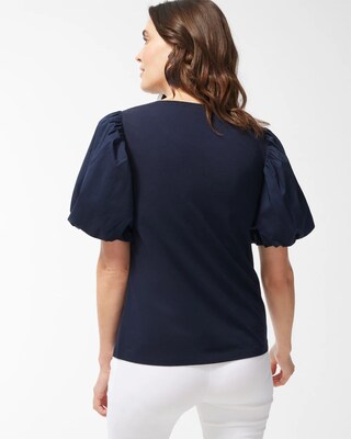 Navy Embroidered Puff Sleeve Tee