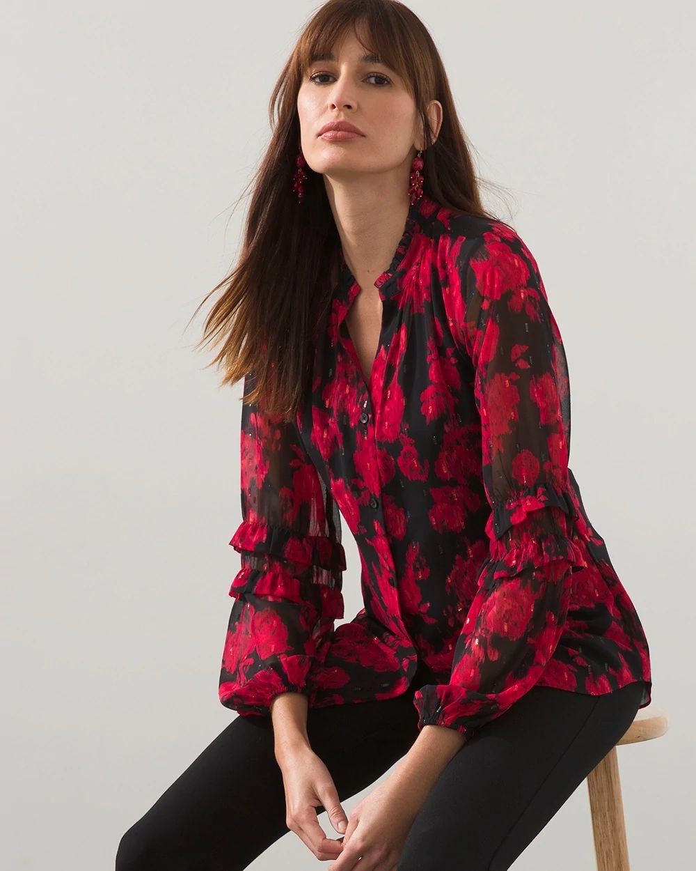Lurex Ikat Jacquard Ruffle Blouse