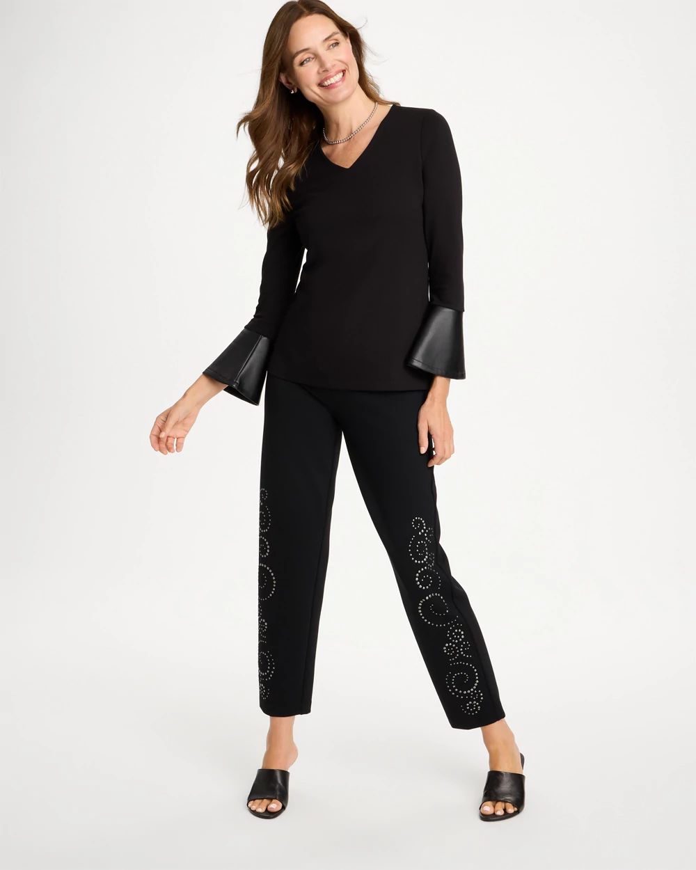 Ponte Faux Leather-Trim Bell Sleeve Top click to view larger image.