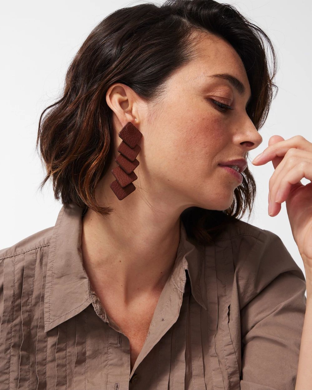 Brown Leather Linear Earrings