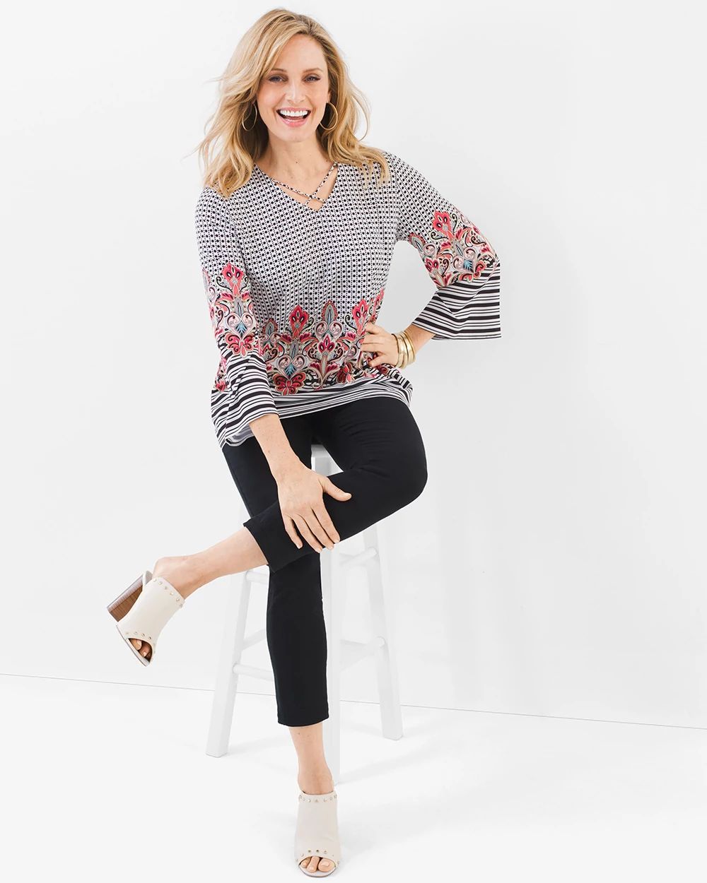 Mixed-Print Criss-Cross V-Neck Top