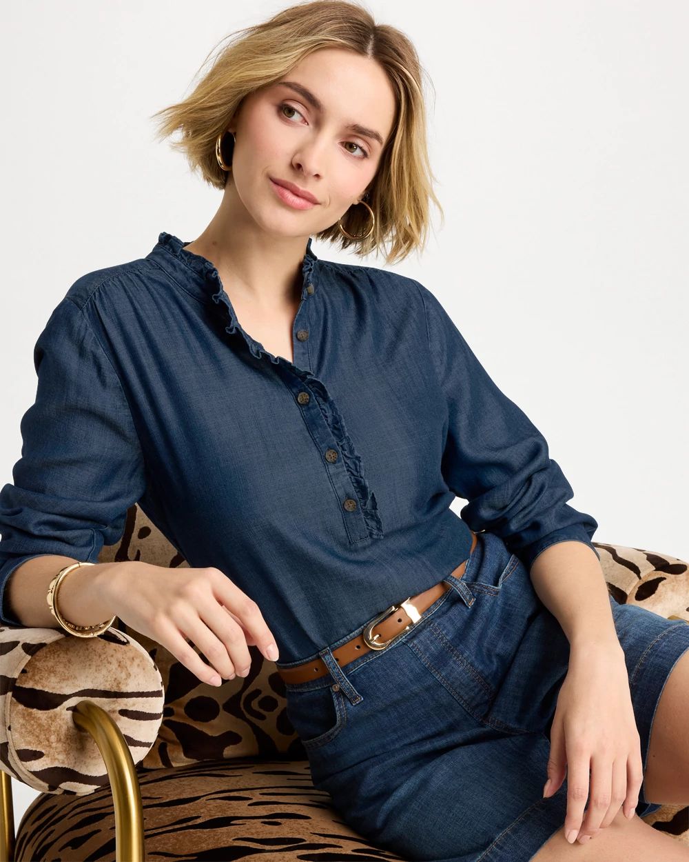 Tencel Denim Ruffled Popover Shirt click to view larger image.