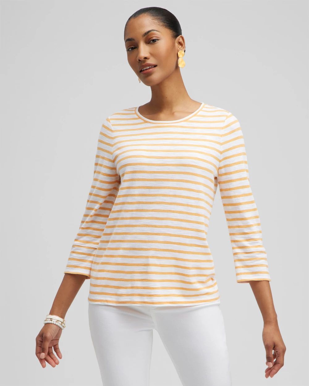 Stripe 3/4 Sleeve Button Tee