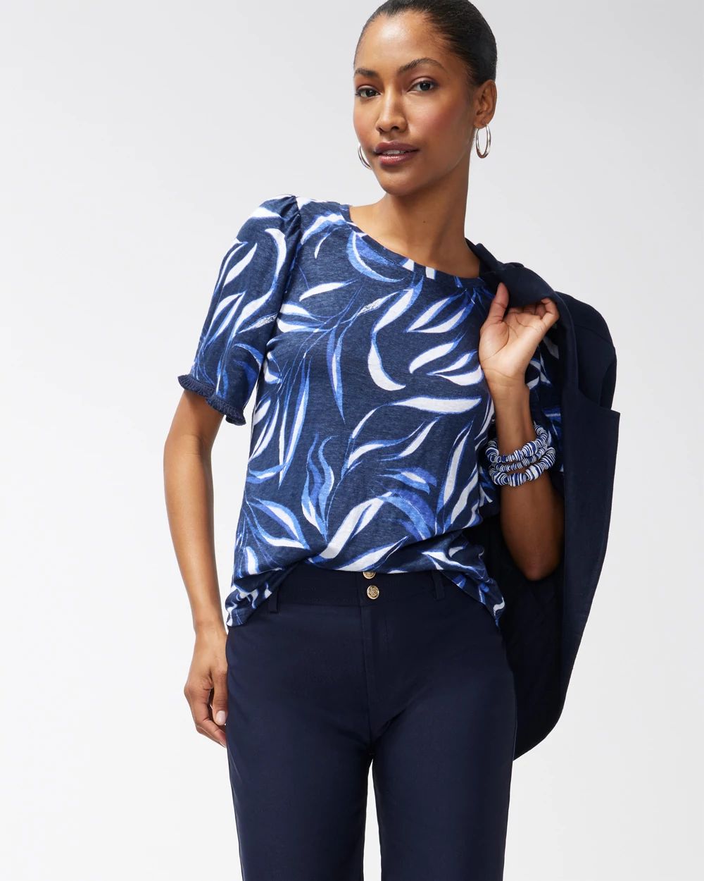 Linen Leaf Print Fringe Sleeve Tee