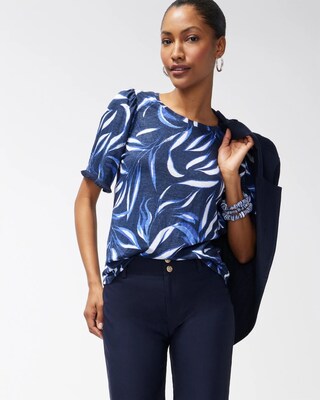 Linen Leaf Print Fringe Sleeve Tee