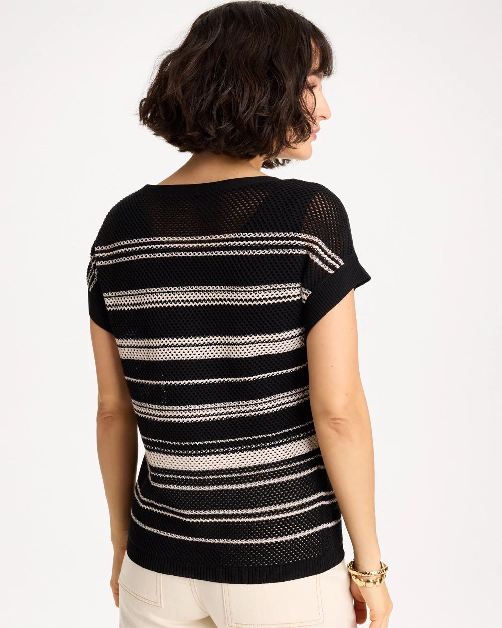 Striped Mesh Stitch Pullover Sweater