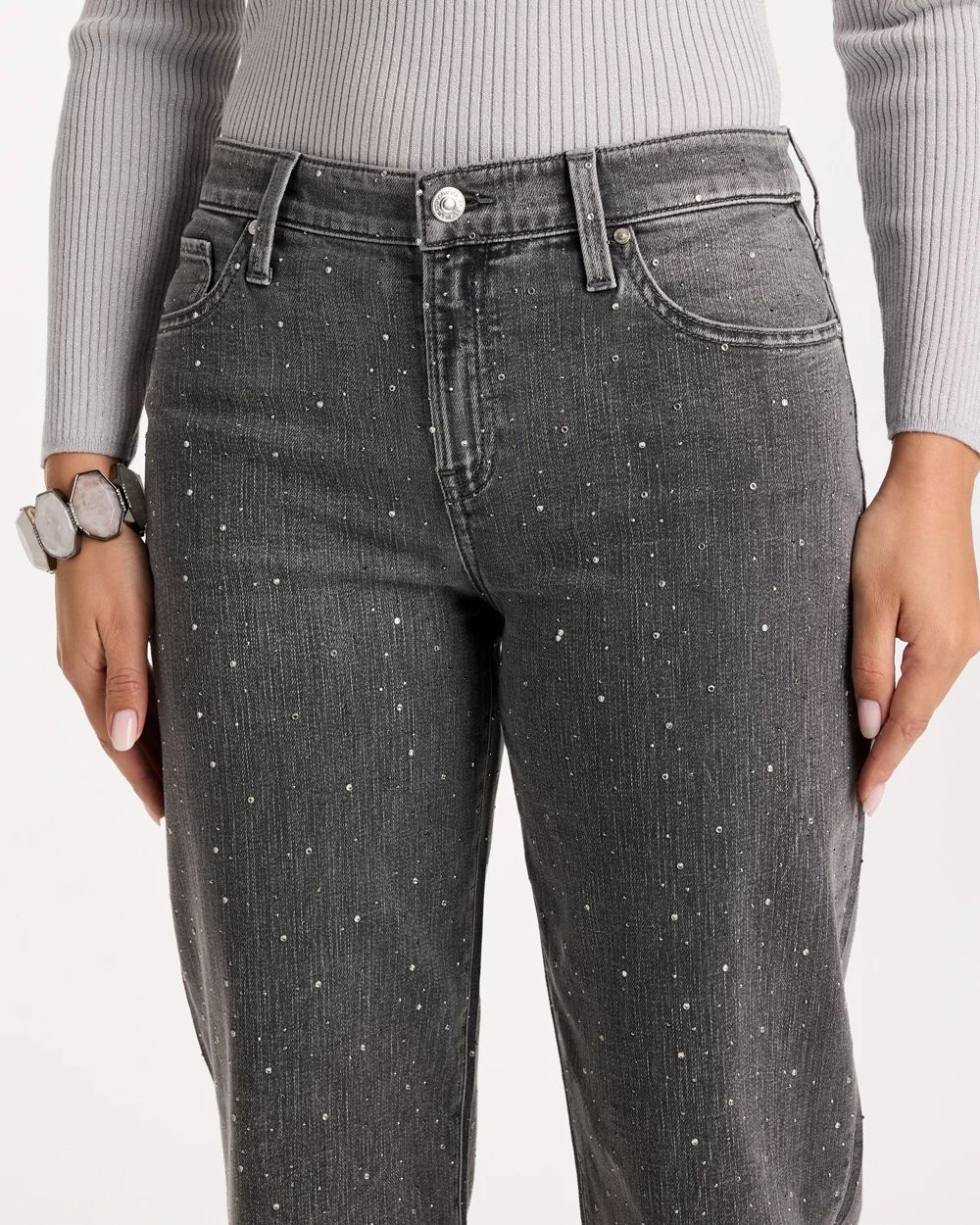 Rhinestone Boyfriend Cropped Jeans click to view larger image.