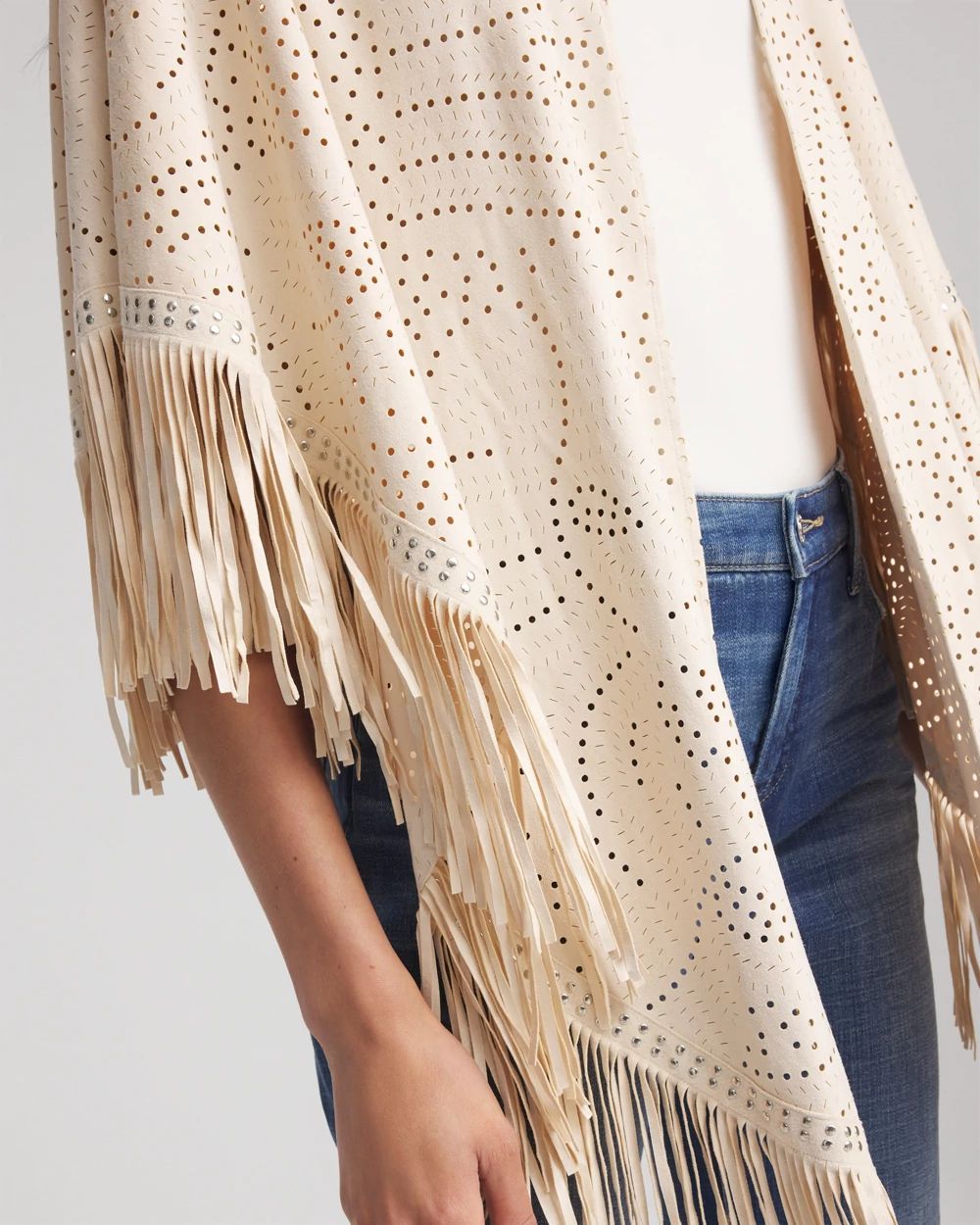 Perforated Suede-Motif Fringe Ruana