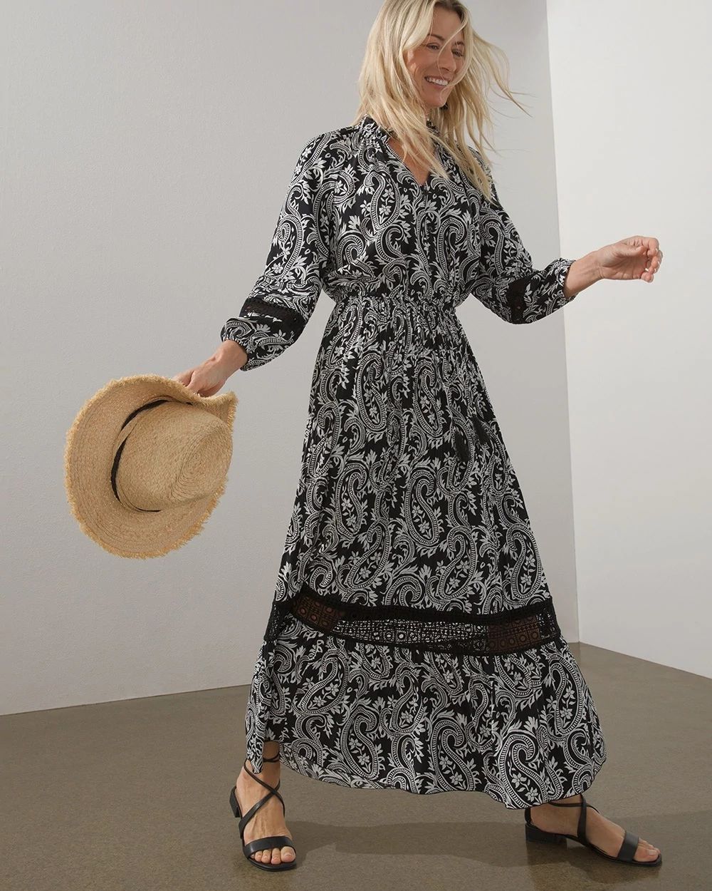 Paisley Crochet Detail Ruffle Maxi Dress