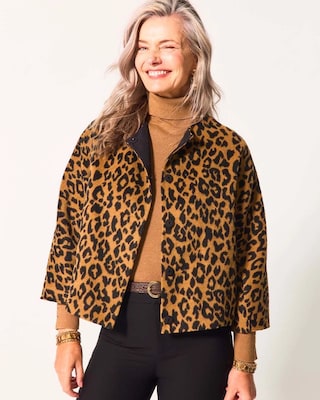 Fuzzy Collarless Animal Print Jacket