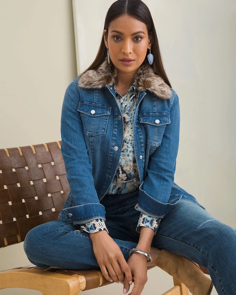 Denim Jacket With Faux Fur Collar