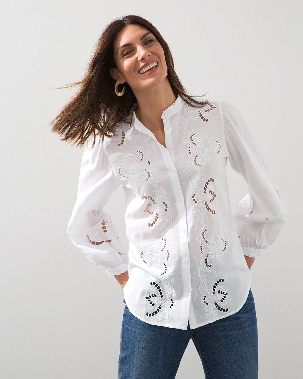 Linen Blend Cutwork Blouse