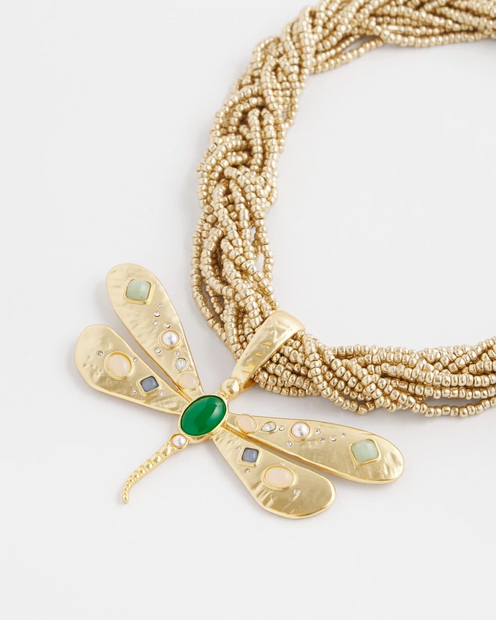 Gold-Tone Green Stone Dragonfly Pendant Necklace