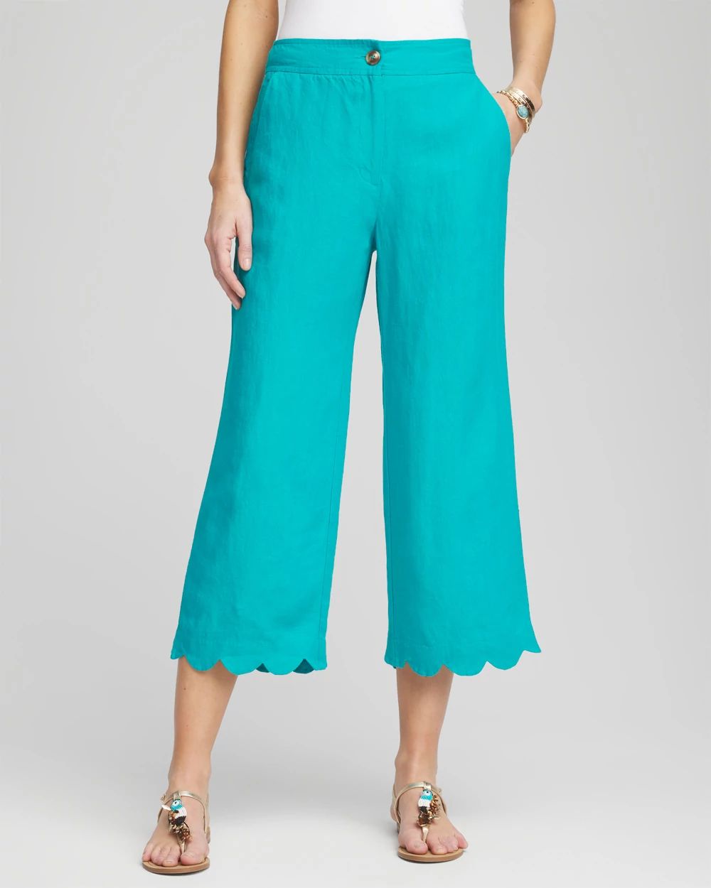 Linen Scallop Hem Crop Pants