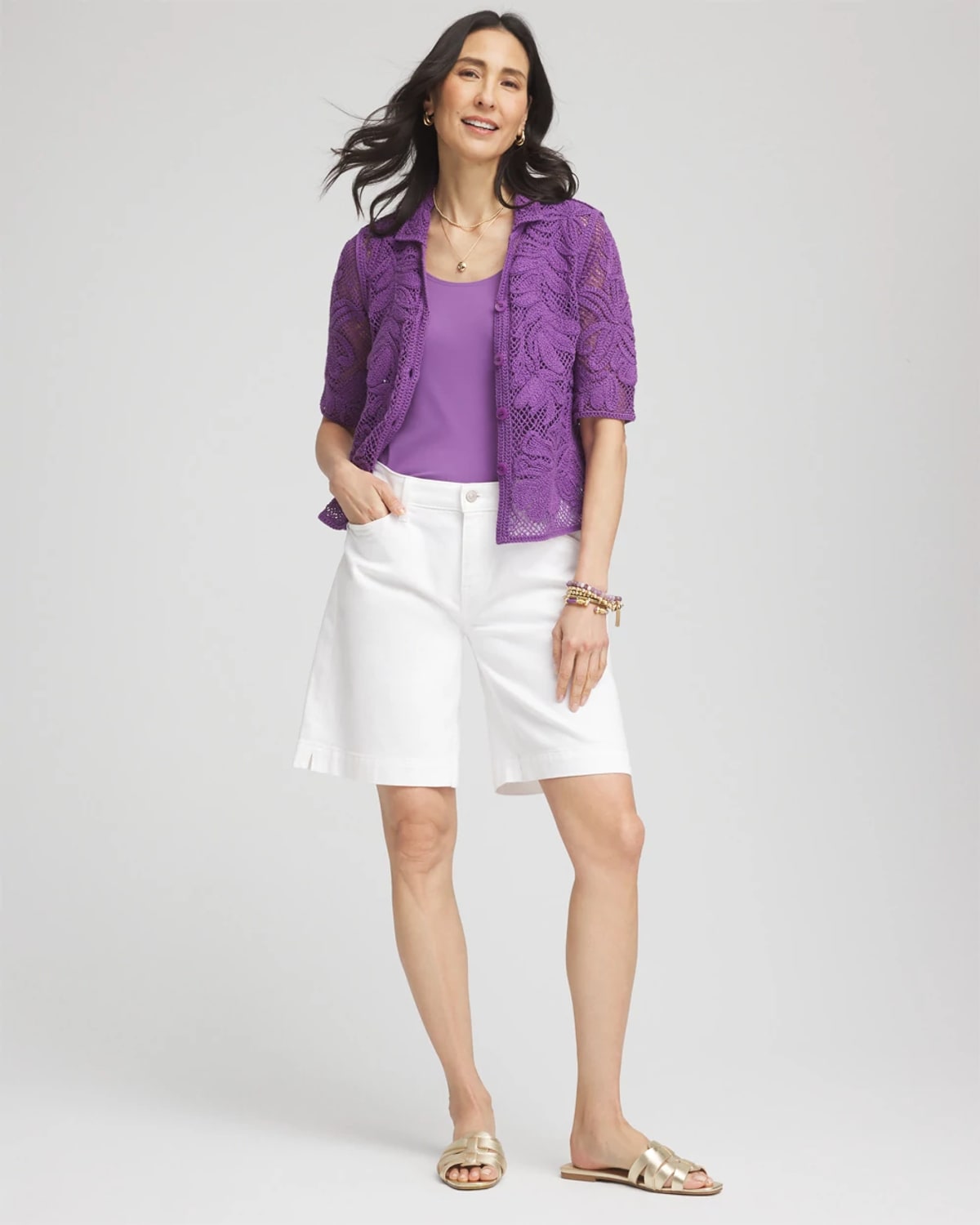 Chico's Palm-frond Crochet-lace Shacket In Purple