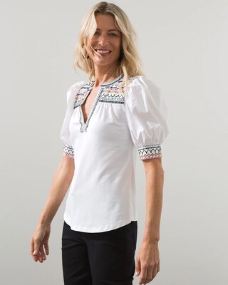 Embroidered Henley Puff Sleeve Tee