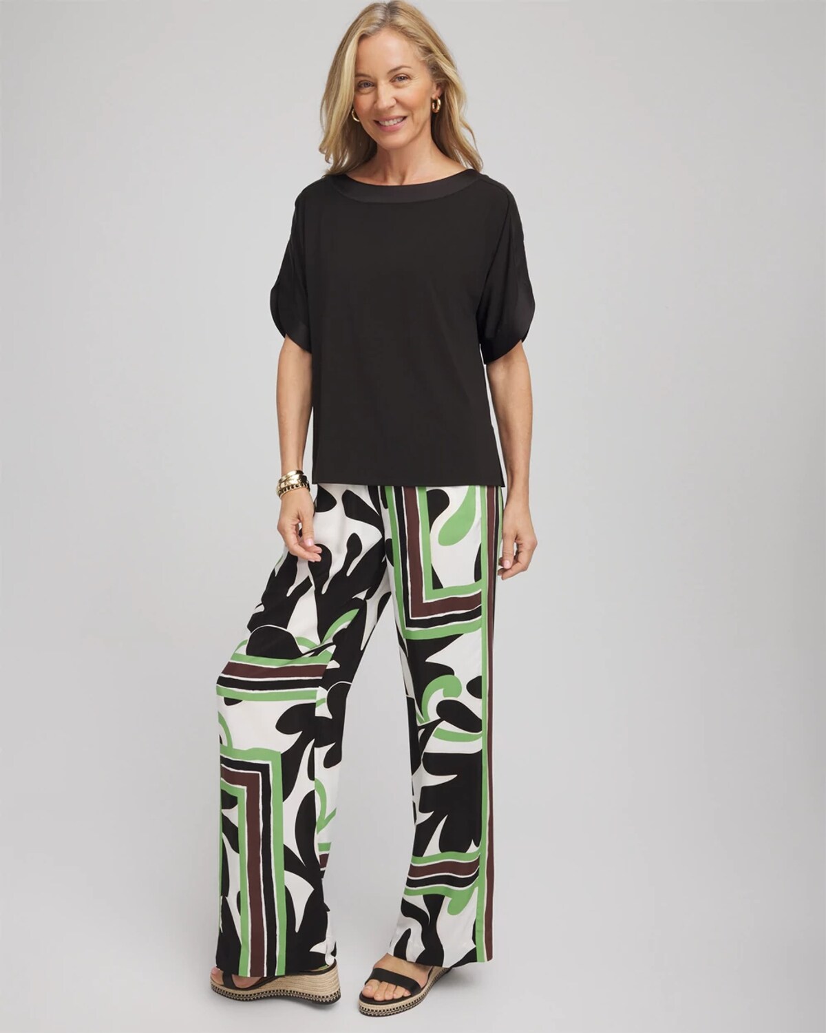 Chico's Jersey & Satin Dolman Tee In Black In Black