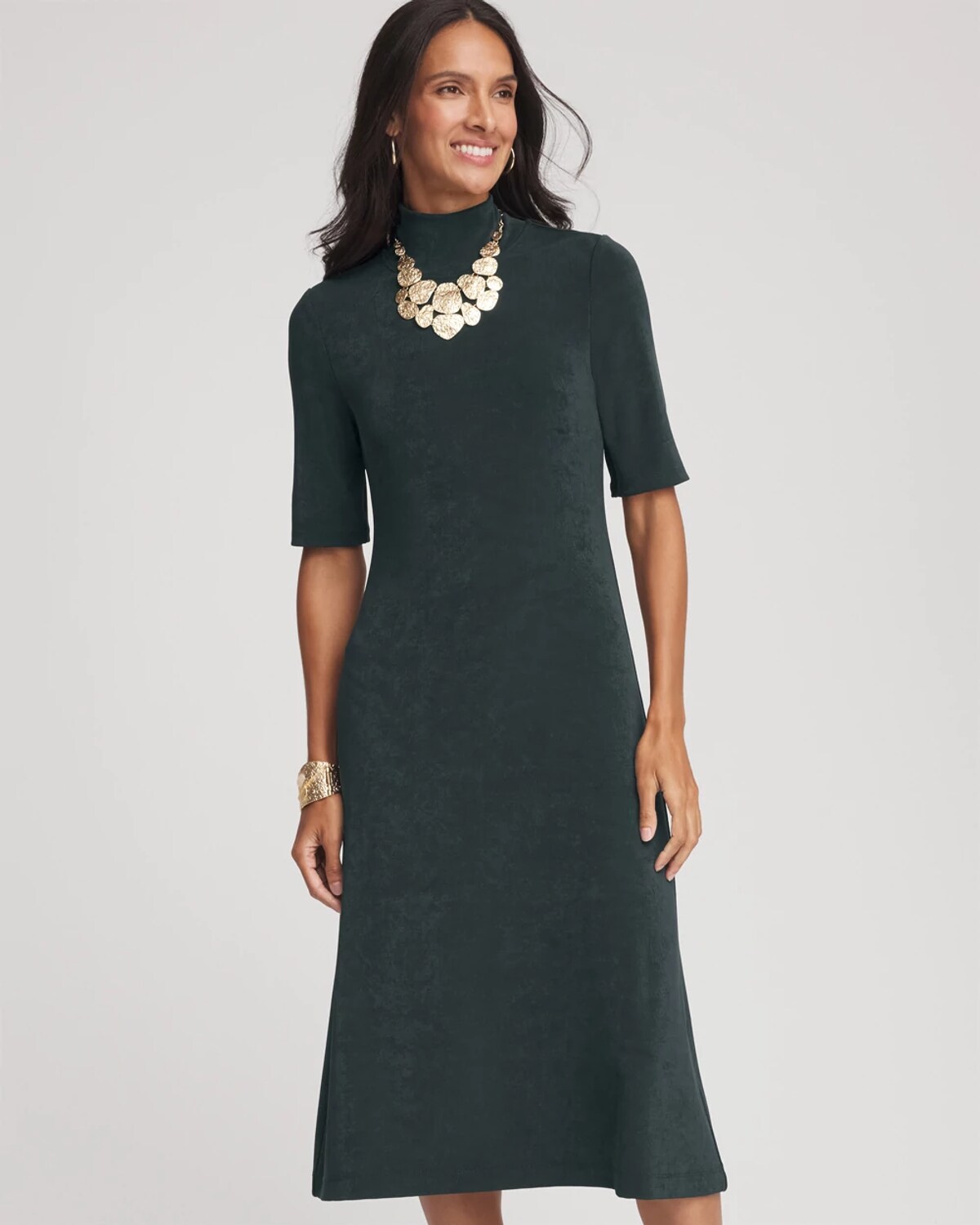 Chico's Travelers Mockneck Elbow-sleeve Midi Dress In Darkest Spruce In Green