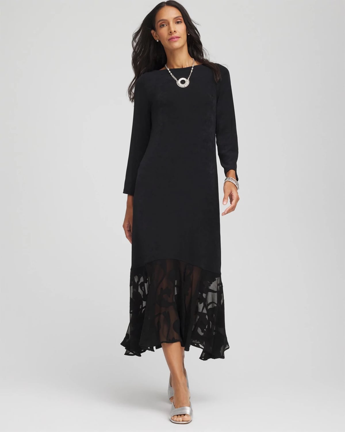 Chico's Travelers Chiffon-hem Boatneck Dress In Black In Black